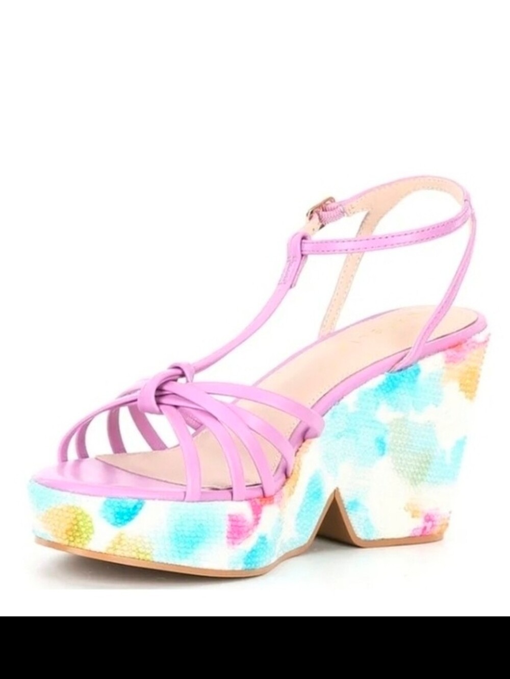 CECELIA Justine Leather Wedge Sandals Lavender Floral Platform